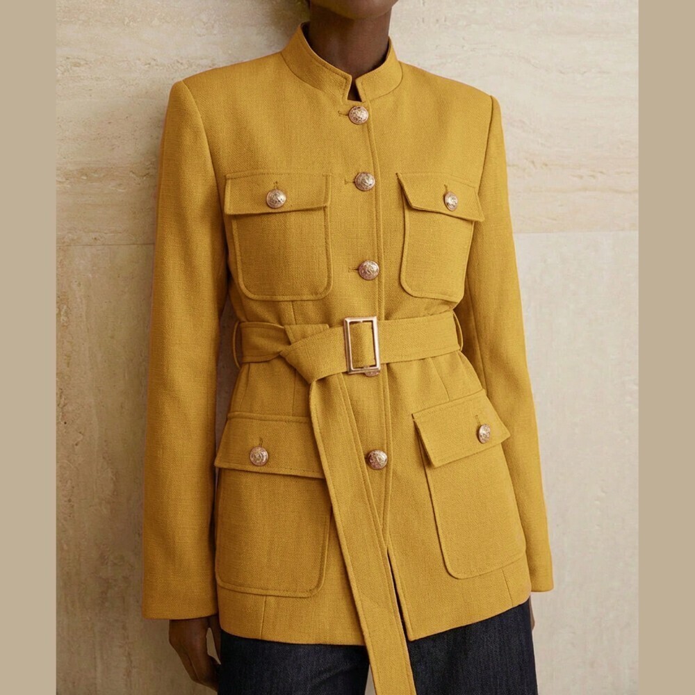 Mustard Yellow Textured Belted Four Pocket Stand Collar Utility Blazer